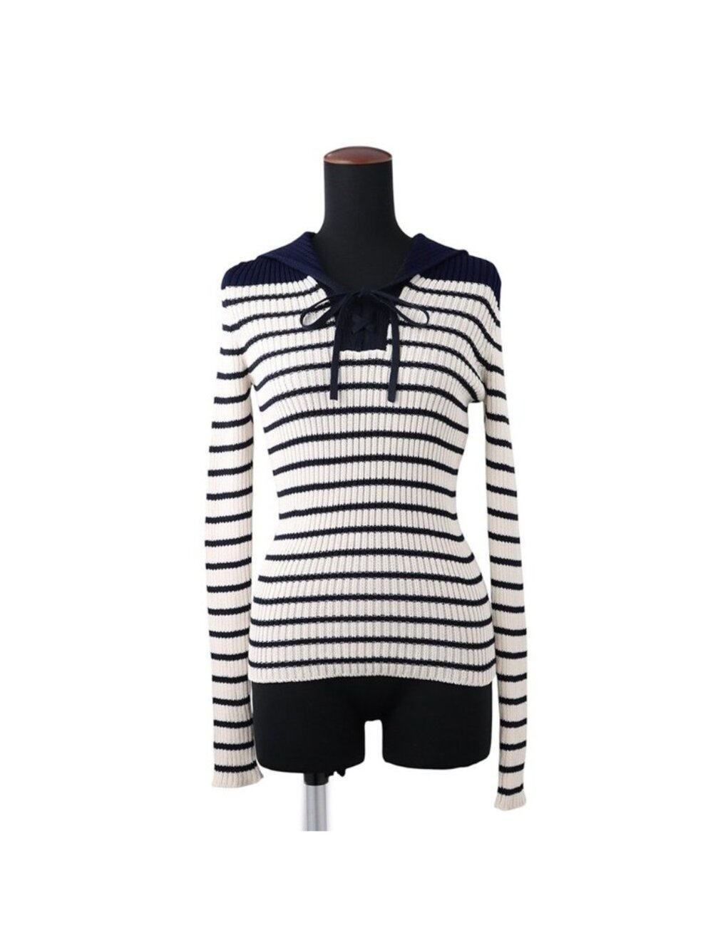 Dior Knit Border Sailor Cotton Long Sleeve White Sweater 36